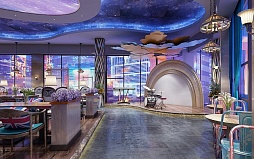 Restaurant interior with professional lighting and sound equipment