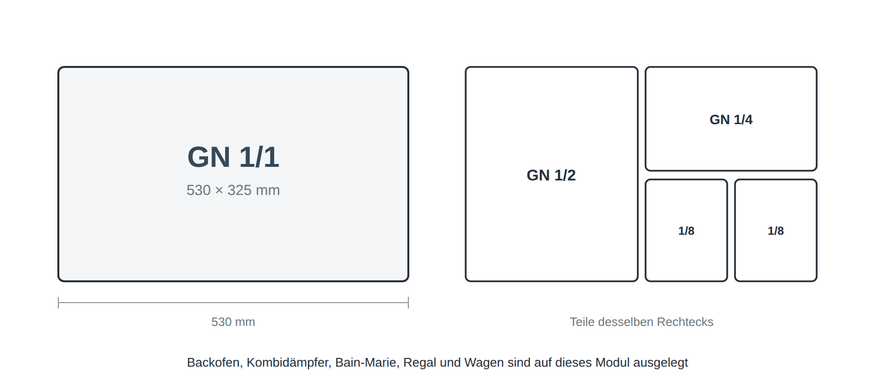 Layout der gastronomischen Behälter GN 1/1 und seiner Anteile