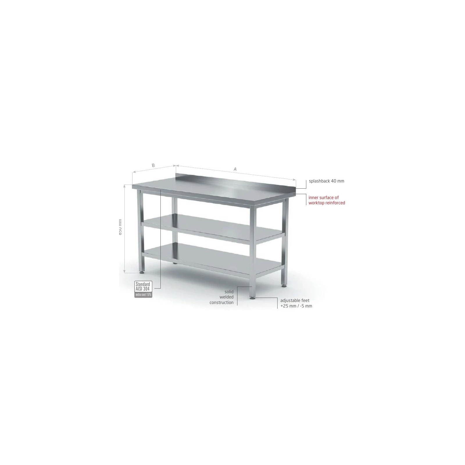 Tavolo con alzatina e due ripiani inferiori, 6 gambe Polgast POL-E103/2-6