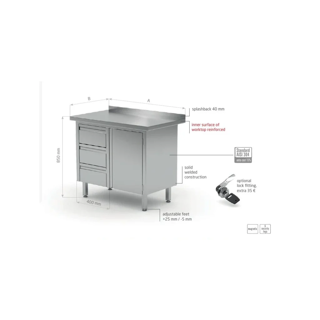 Work table with splashback, cabinet, three drawers and hinged door, left or right version Polgast POL-E136-3