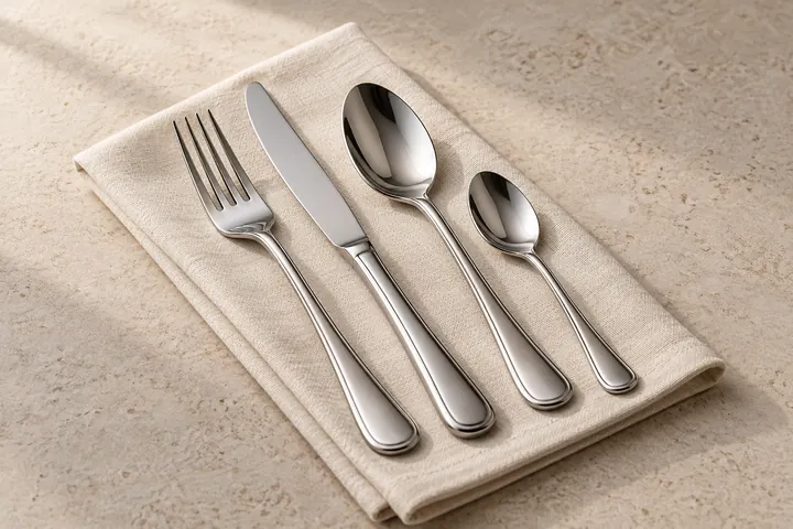 Steel fork, knife, tablespoon and teaspoon on a linen napkin