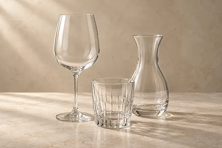 Transparentes Weinglas, Wasserglas und Glaskaraffe