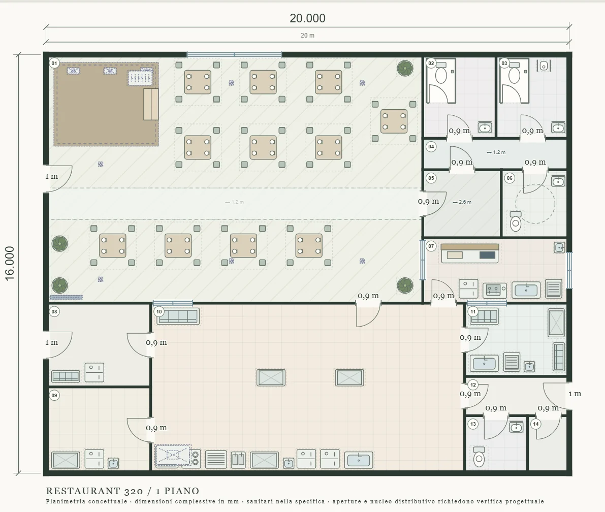 Pianta concettuale di un ristorante di 20 × 16 m con sala da 44 coperti, cucina, bar, servizi igienici e locali di servizio