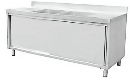 Double-bowl stainless steel sink unit with drainboards on both sides and cabinet (DSGSXZYLS-2070)