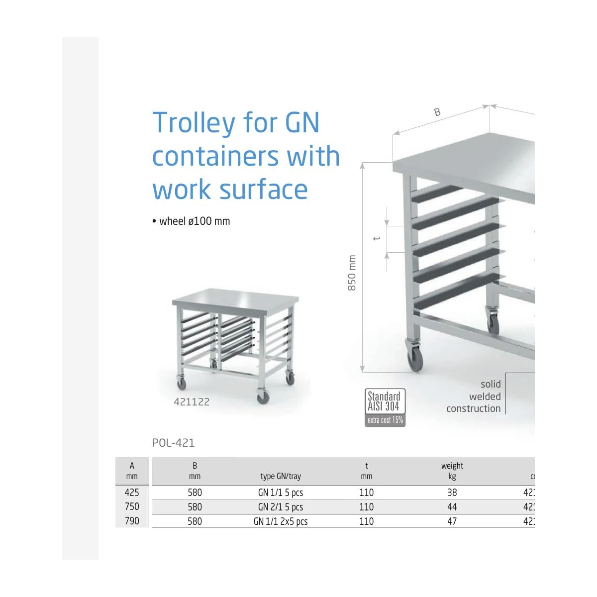 Trolley for GN containers with work surface Polgast POL-421